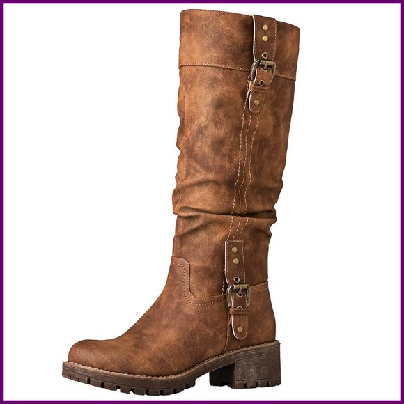 Women's Chunky Low Heel Knee High Boots Slouchy Design Side Zipper